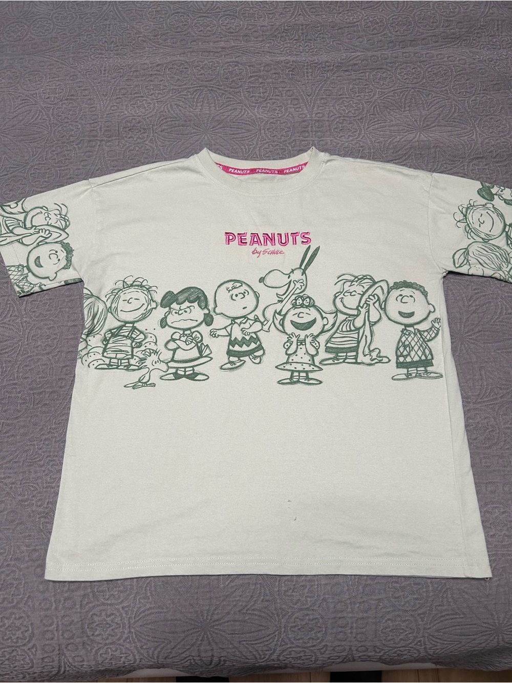Peanuts mint green Tee with Green Character Line Art and Pink Logo